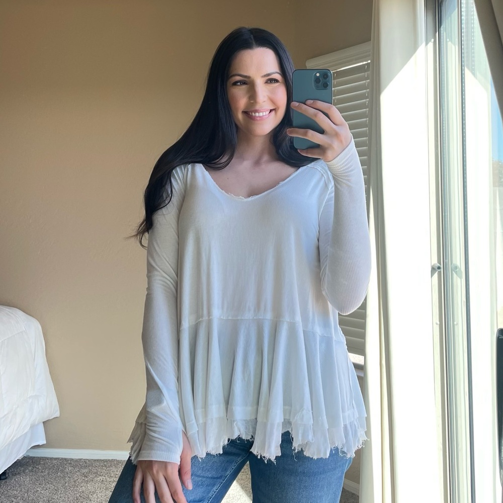 Free People Ivory Tangerine Ribbed Long Sleeve Tee